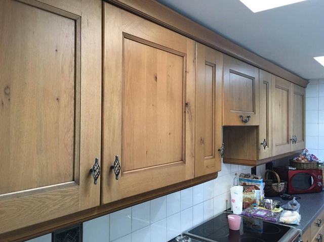 Close-up of oak shaker doors, before